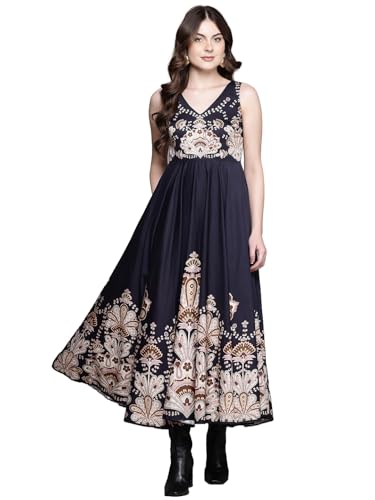 Label RITU KUMAR V Neck Sleevesless Printed Long Dress Black
