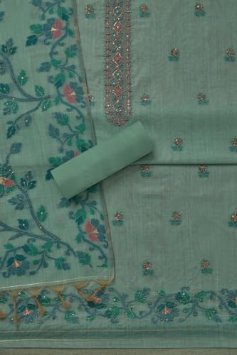 Soch Womens Turquoise Blue Chanderi Floral Print Unstitch Dress Material With Thread Work