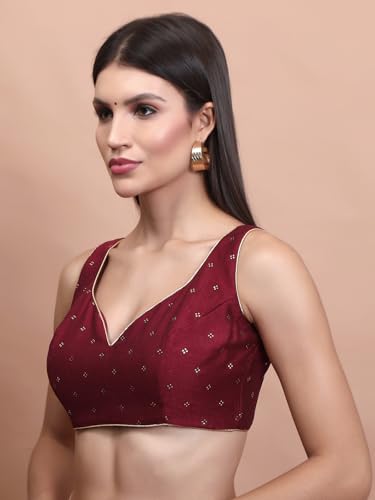 S SALWAR STUDIO Maroon Silk Sleeveless Readymade Padded Blouse