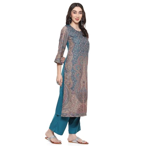 BIBA Women Cotton Blend Solid Suit Set (Blue)