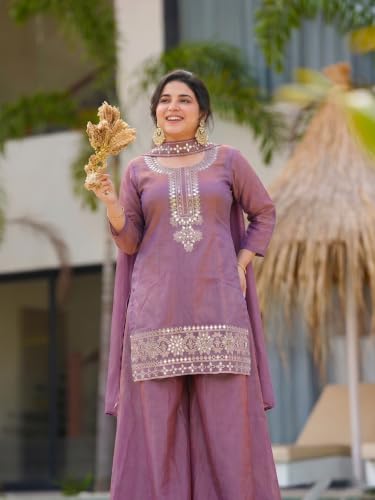 VARNI FABRICS: A lady's First Love Women's Purple Silk Blend Embroidered Straight Kurta Set With Palazzo And Dupatta