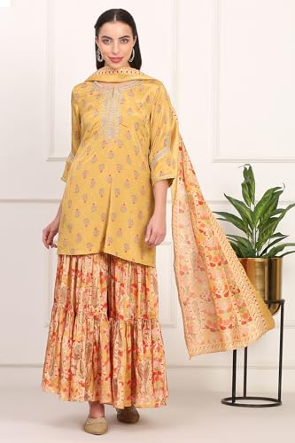 W for Woman Yellow Floral Print Zari Embroidered Straight Shantung Kurta with Sharara and Dupatta Set (WS11769-125062-L)