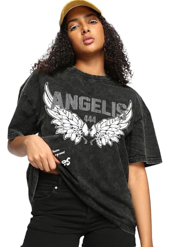 Bewakoof Women's Graphic Print Oversized Fit Half Sleeve Round Neck Cotton T-Shirt_677635_Black_3XL