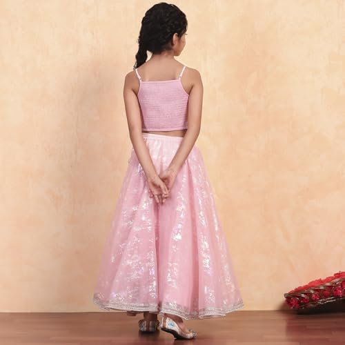 Biba Girls Pink Viscose Printed Flared Lehenga Set_8-9Y
