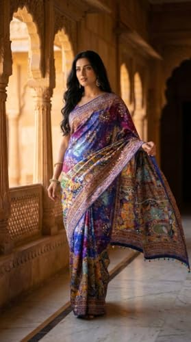 SHANTVAN GALLERY Ajrakh Sarees for Women Roman Silk Ajrakh Print Saree for Woman with Mirror Work Border Pallu & Kodi Latkan with Blouse Piece Designer Ethnic Wear