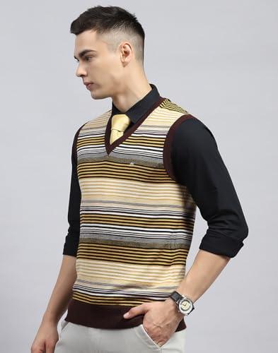 Monte Carlo Mens Yellow & Brown Striped V Neck Sleeveless Sweater (1239371SL-2-42)