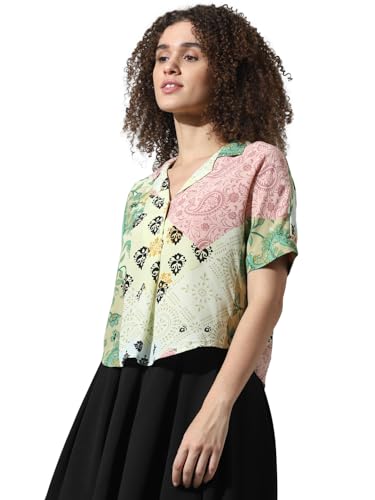 ONLY Women Printed Viscose Crop Length Green Shirt