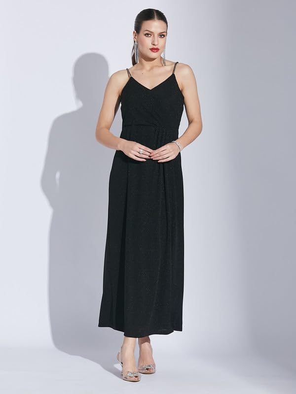 Latin Quarters Women Black V-Neck Sleeveless Solid Dress_M