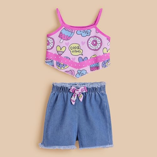 Hoscotch Girls All Over Print Pink Sleeveless Short Set For Ages (5-6 Years)