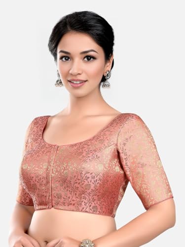 Biyu Women's Brocade Floral Woven Round Neck Half Sleeves Readymade Saree Blouse (Peach, 46)