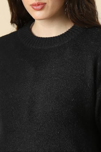 Women Black Solid Round Neck Casual Sweater