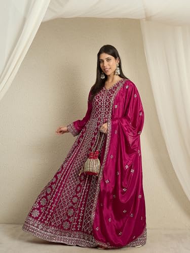 Miss Ethnik Women's Maroon Chinon Stitched Gown With Dupatta Full Sleeve Embroidered A-Line Gown (MEY-1236-Maroon-XXL)