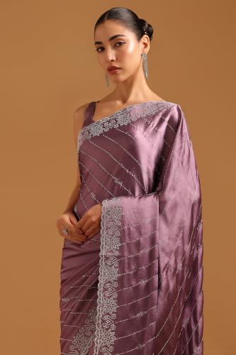 Soch Womens Lavender Satin Swarovski Stone Embellished Embroidered Border Saree