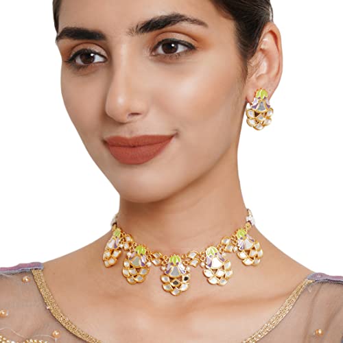 VOYLLA Festive Hues Enamelled Mirror Details Gold Plated Choker Jewellery Set For Women, Jewellery Set For Women, Womens Gift, Gift For Her