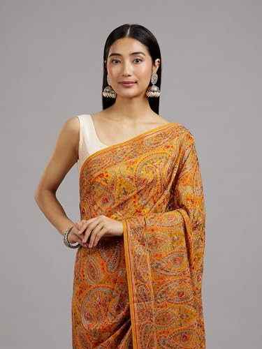 MOHEY Women's Georgette Imperial Paisley Patterned Saree(Mustard Yellow)
