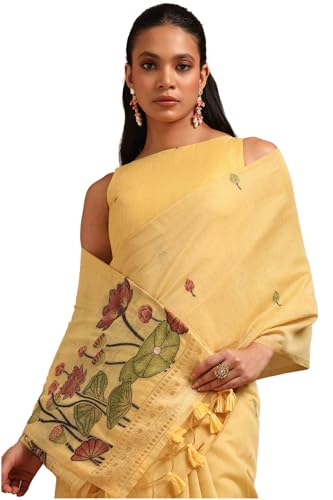 Soch Womens Yellow Chanderi Floral Print Saree With Zari Woven
