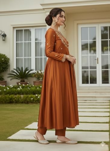 LookMark Women’s Orange Silk Blend Embroidered Anarkali Kurta with Dupatta | Full Length Ethnic Dress | Long Sleeves-AZ-LM-OG1-KS2514 Orange-L