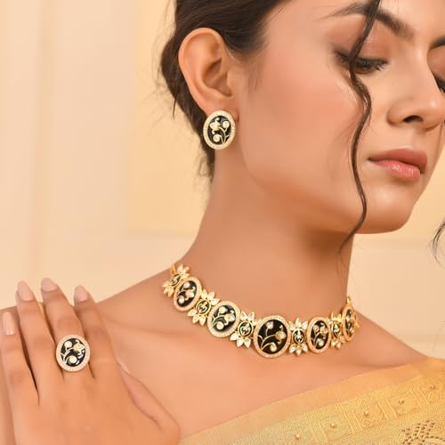 VOYLLA Pashmina Nyasia Choker Set, Women's Wedding & Party Jewelry Set, Enameled & Kundan Necklace Set