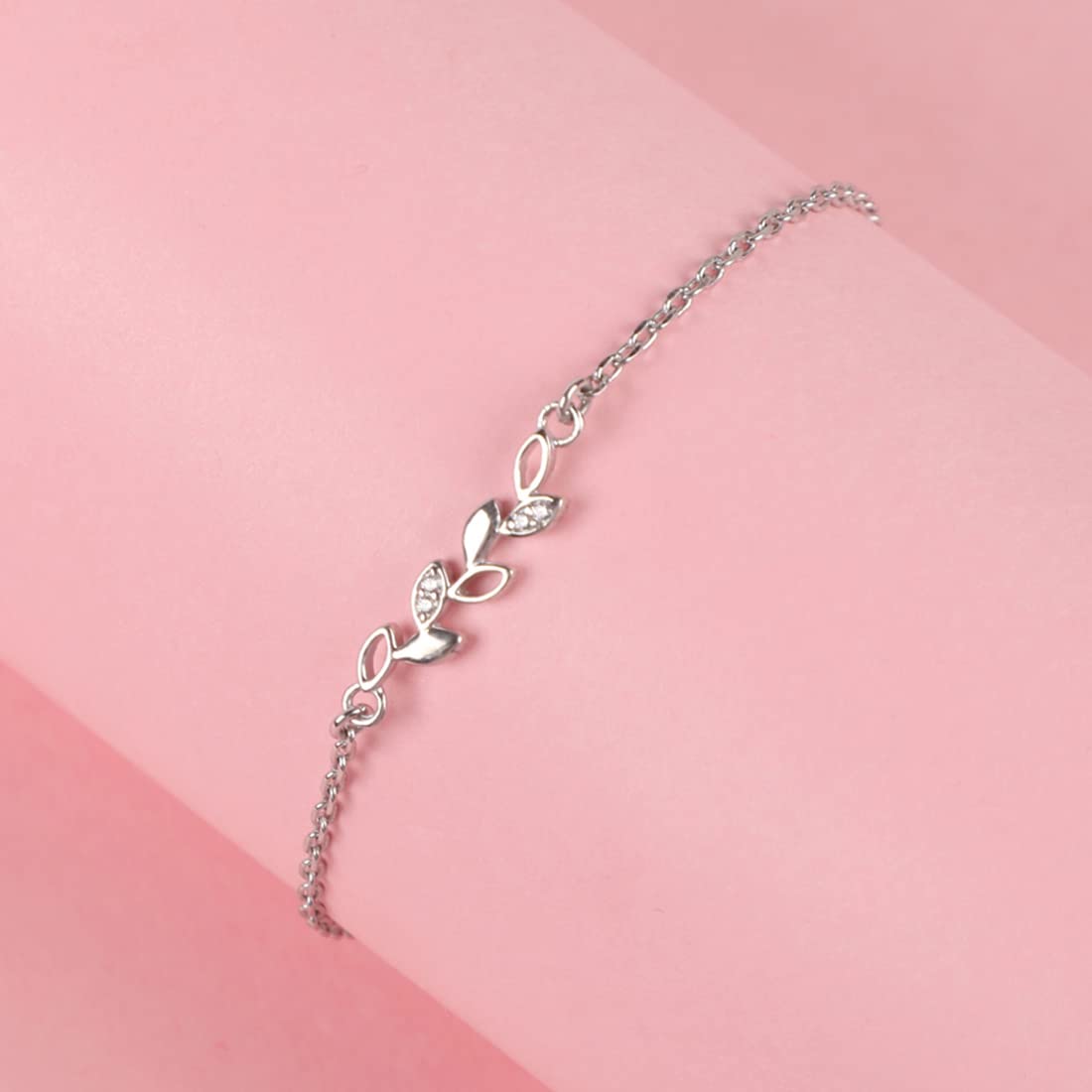 Clara 925 Sterling Silver Leaf Bracelet, Adjustable, Rhodium Plated, Swiss Zirconia Gift for Women and Girls