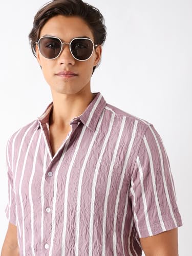 THE BEAR HOUSE Men Regular Fit Short Sleeve Striped Shirt Pink