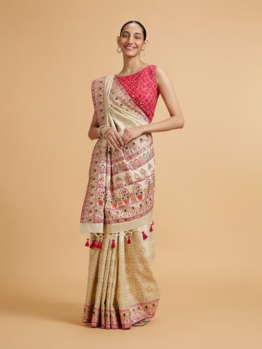 MOHEY Women's Cream Art Silk Embroidered|Stone Work|Sequin Work Saree (Cream)