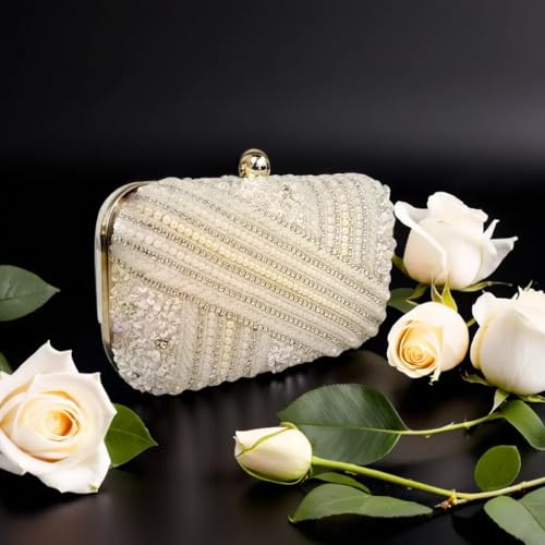 DUCHESS White Pearl Embellished Clutch for Women | Sequin & Beaded Party Purse | Elegant Wedding Handbag for Girls | Stylish Bridal Accessory | Designer Evening Bag for Festive Occasions