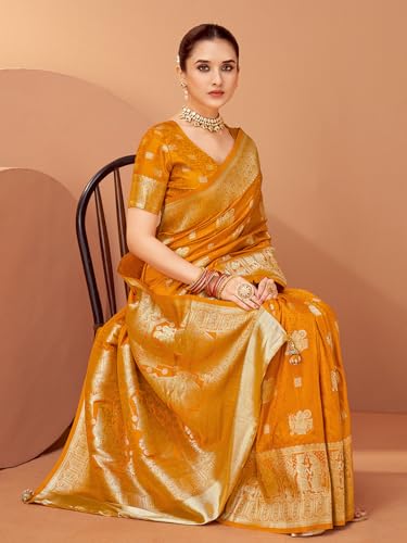 AKHILAM Women's Mustard Satin Silk Woven Design Saree With Unstitched Blouse Piece (RNGREET203_HS)