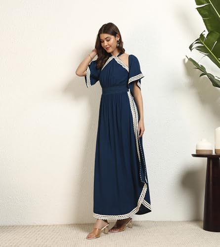 DEEBACO Women's Solid Rayon Slit Ankle Length A-Line Dress|Sleeveless|Halter Neck|Casual Trending Fashion Long One Piece Dresses Women Western(DBDR00002287_M_Teal Blue)