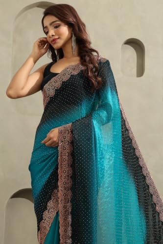Soch Womens Blue Fendy Organza Ombre Stone Embellished Saree