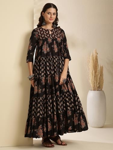 Kimayra Women's Cotton Calf Length Printed Key Hole Neck Tired Kurta Suit Set (KIM9026PC3BLACK_XL, Black)