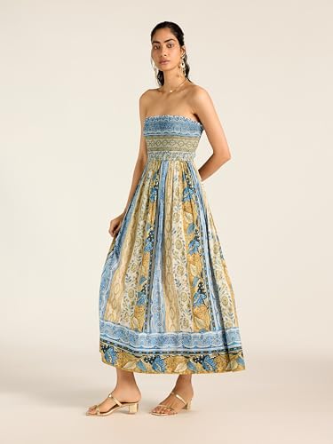 Label RITU KUMAR Blue Ecru Renelle Offshoulder Dress