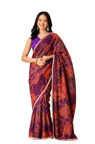 Women Maroon & Blue Bandhani Printed Georgette Saree with Decorative Border