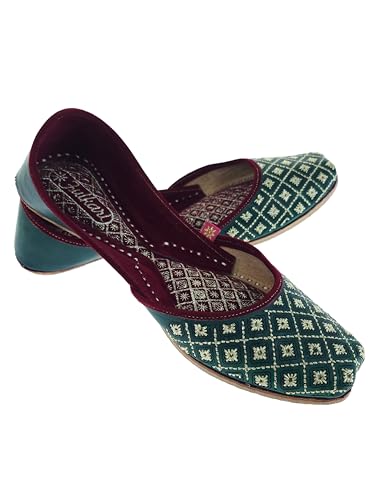 Fulkari Women Green Lotus Gold Casual Genuine Soft Leather Jutis | Bite and Pinch Free Juttis | Punjabi Jutti | Girl's Office Flat Ladies Mojari | dailywear Ethnic Juti | 37