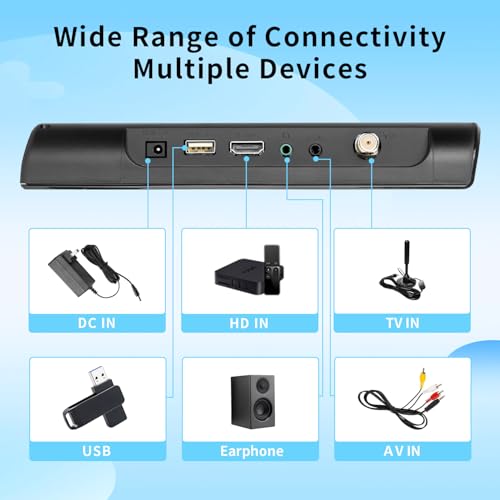 ZOSHING 12inch Portable TV,Small TV with Aerial,Recharge battery,Digital T2 Tuner and HDMI,USB/TF slot and 12v charge cable/AC adapter