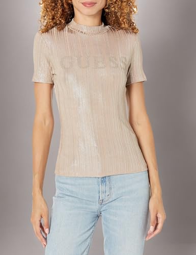 GUESS Women Beige Embellished High Neck Short Sleeves Top