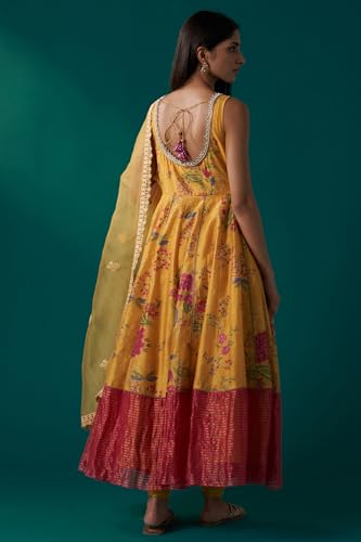 Wishful Women's Yellow Floral Print Embroidered Anarkali Tissue Kurta with Churidar and Dupatta Set (SP12870-126448-S)