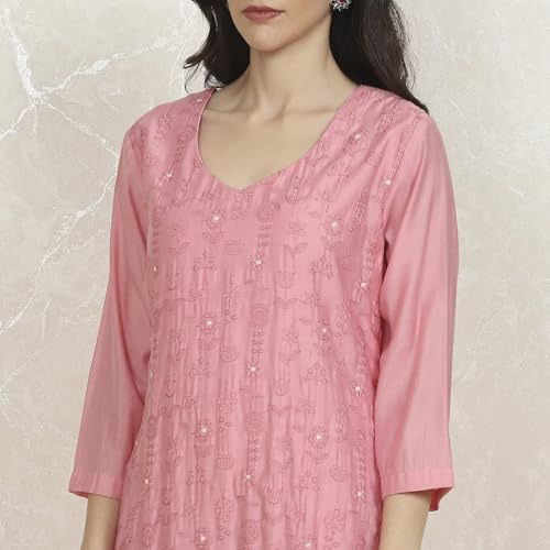 Biba Women's Pink Silk Blend Machine Embroidered Unstitched Suit Set