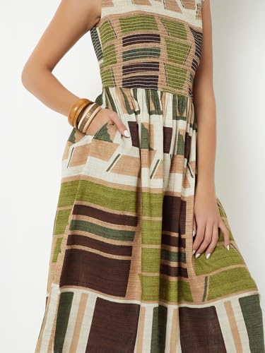 Max Kalki X Max Women Printed Smocked Midi Dress(Green_XL)