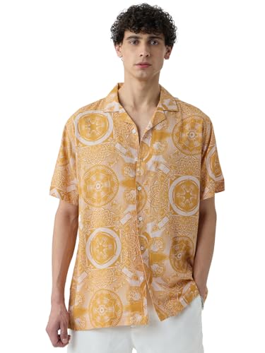 The Souled Store Minions: Kaleidoscope Men and Boys Short Sleeves Collared Neck Button Front Rayon Yellow All Over Printed Rayon Regular Fit Holiday Shirts