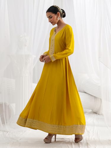 Libas Embroidered Silk Blend A Line Ethnic Dress with Dupatta | Occasion Gown Mustard