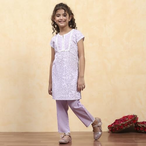 BIBA Girl's Lavender Cotton Straight Printed Kurta Pants Set