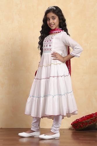 Biba Girl's White Cotton Tiered Solid Suit Set