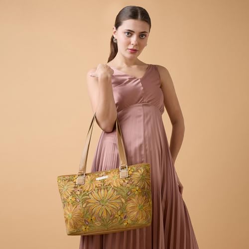 Caprese Siji Tresna Horizontal Medium Tote Bag for Women with Multiple Pockets | Kashida Embroidery Shoulder Bag | Fits Up to 15.6 Inch Laptop | Ideal for Work, Everyday Outings and Travel (Brown)