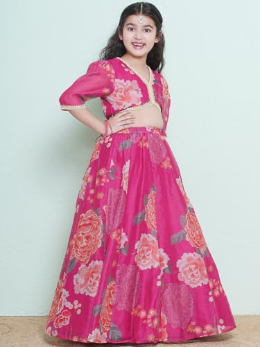 Bitiya by Bhama Girls Pink & Green Multi Printededed Ready to wear Lehenga & Choli with Dupatta