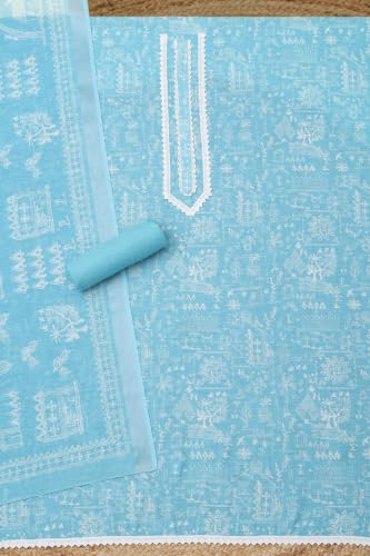 Soch Womens Powder Blue Linen Warli Dress Material
