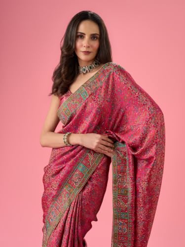 MOHEY Women's Artistic Pink Saree with Blouse Piece (Pink)