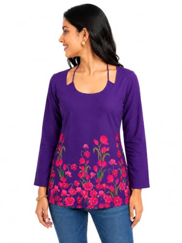 Threadflix Women Floral Printed Long Sleeve Tunic Top | Stylish Cut-Out Neck Casual Kurti | Corset Back & Laila Kurti | Soft Stretch Western Top for Women & Girls