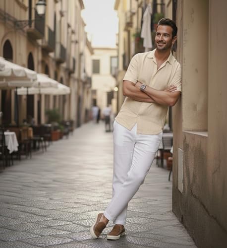 Glowic Men Linen Shirt Casual Regular Fit Solid Stylish Summer Wear Shirt for Office Party Beach Holiday Lightweight Breathable Fashion Shirt (in, Alpha, L, Regular, Cream)