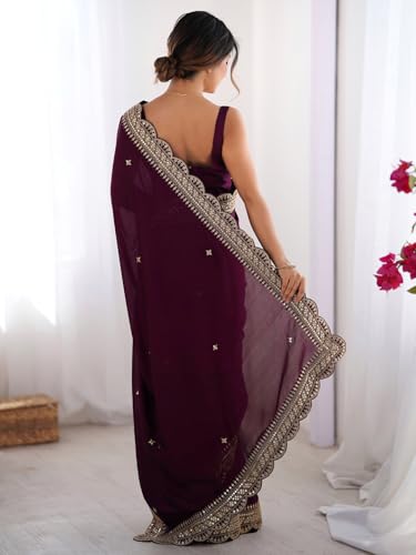 AKHILAM Women's Purple Vichitra Silk Embellished Saree With Unstitched Blouse Piece (RADHA5002_RX)