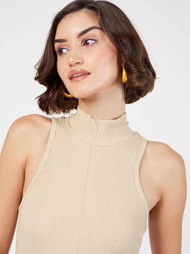 SASSAFRAS Women Beige Rib Turtle Neck Sleeveless Midi Dress -S